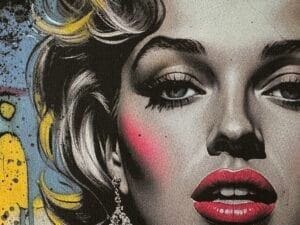A close-up of a detailed DTF-printed design featuring a stylized portrait of a woman with bold red lips, dramatic eye makeup, and golden highlights in her hair. The artwork has a realistic, high-contrast look with graffiti-style elements in the background, showcasing the vibrant colors and fine detail achievable with DTF printing.